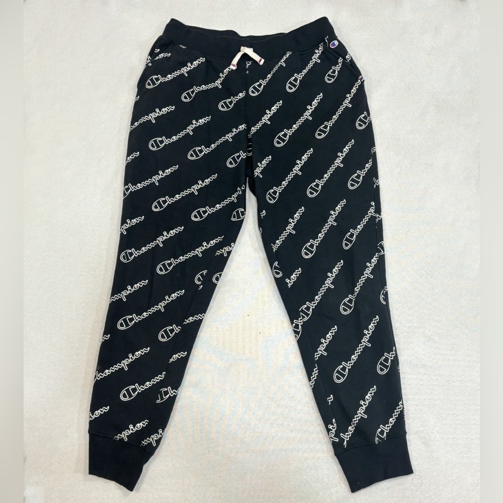 Champion Reverse Weave Black Sweat Pants, Mens Medium, All Over champion Print